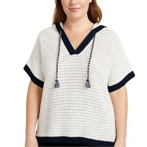 Lou & Grey White Navy Hooded Cotton Sweater L Open Knit Beach Pullover